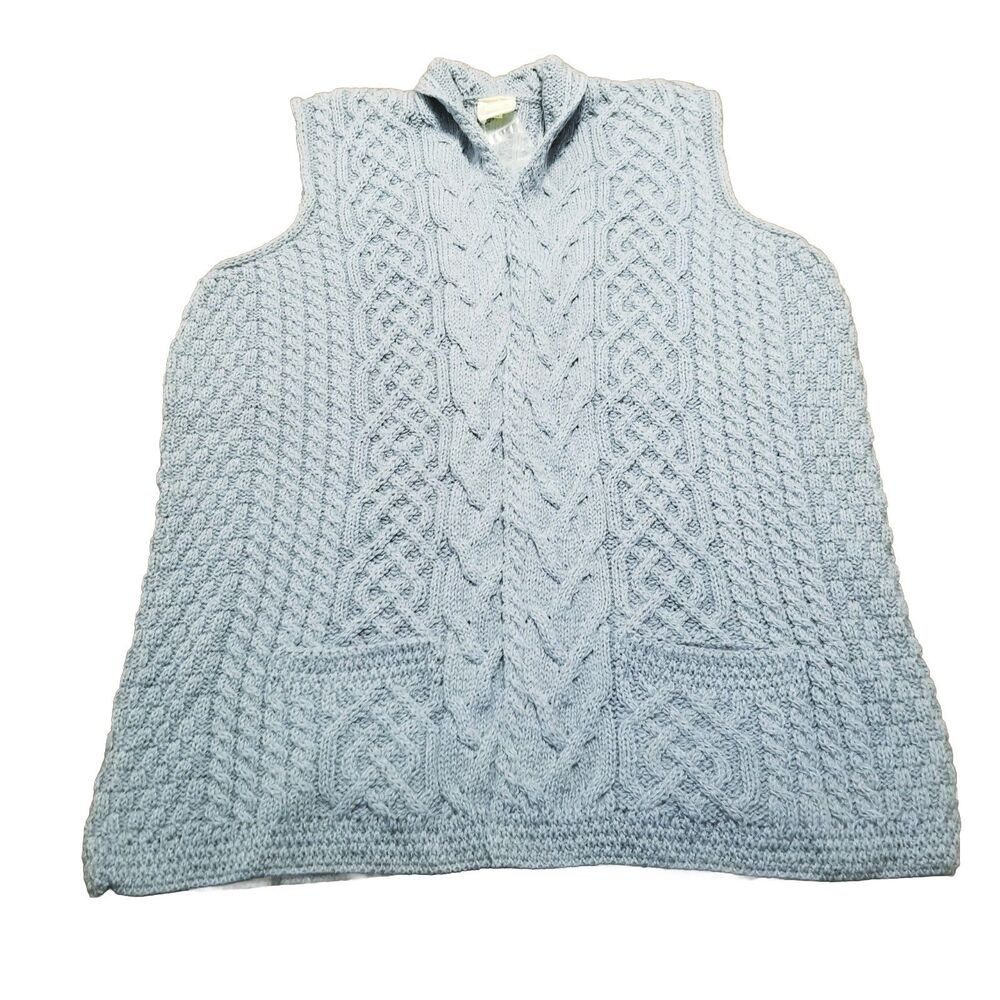 Kilronan Knitwear Cardigan Women's Size XL Blue Cable Knit Sleeveless Sweater